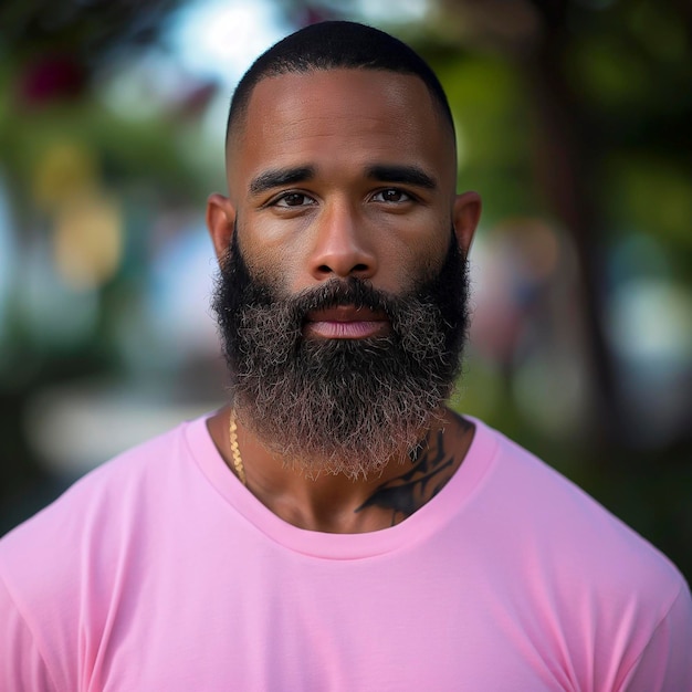 Photo man with a beard and a pink shirt pink tshirt mockup promotion