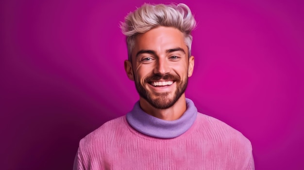 턱수염을 기르고 분홍색 스웨터를 입은 남자가 카메라를 향해 미소를 짓고 있다.