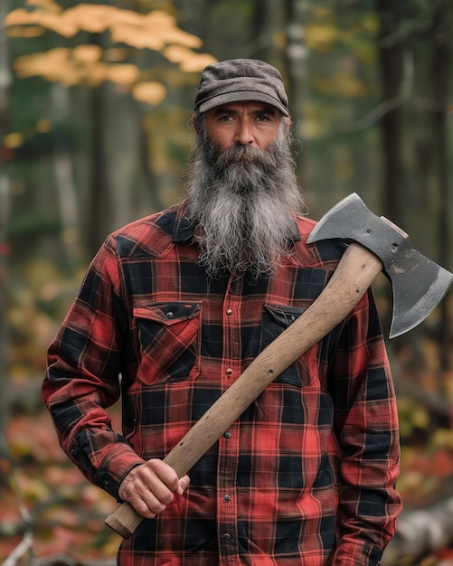 Photo a man with a beard and plaid shirt holding an axe