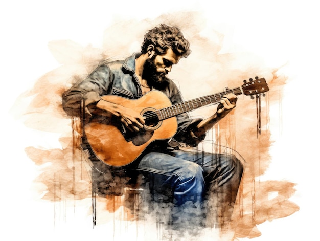 Photo a man with a beard playing a guitar generative ai