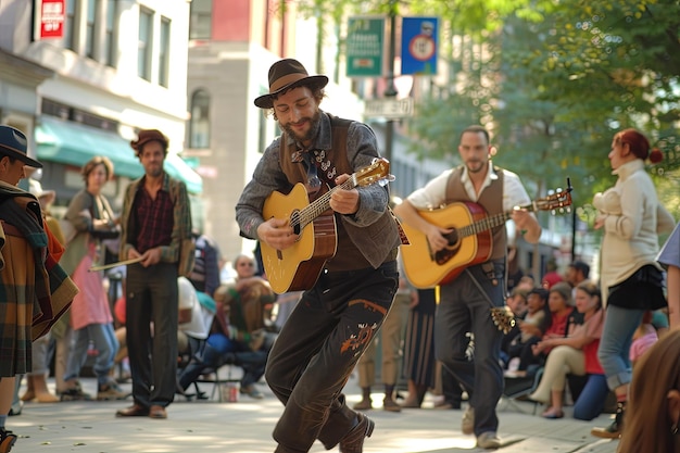 Foto un uomo con la barba che suona la chitarra per strada