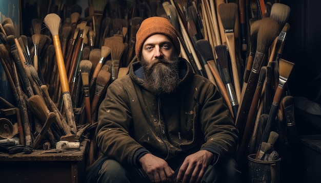 A man with a beard and a red hat sits in front of a pile of paintbrushes