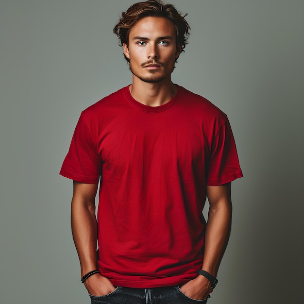 A man with a beard and a red shirt is posing for a picture with his hands in his pockets