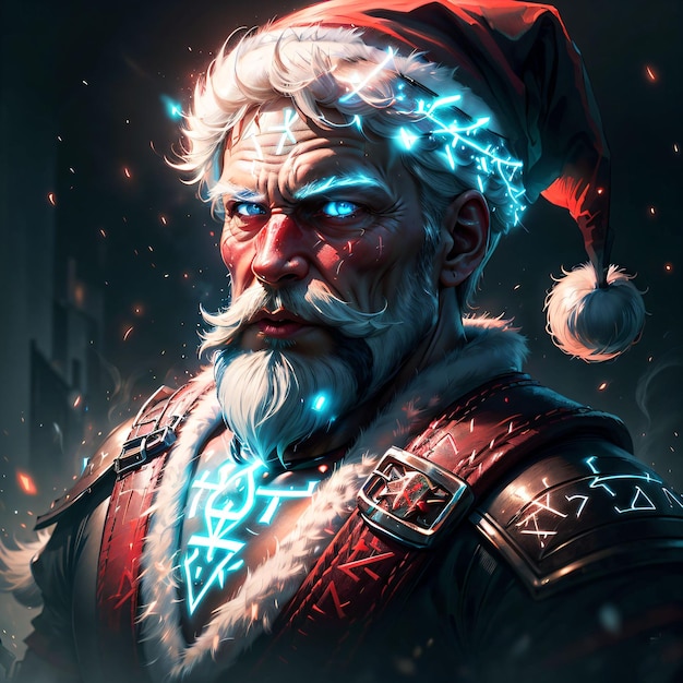 A man with a beard and a santa hat with glowing runes