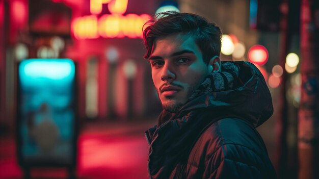 a man with a beard and a scarf stands in front of a building