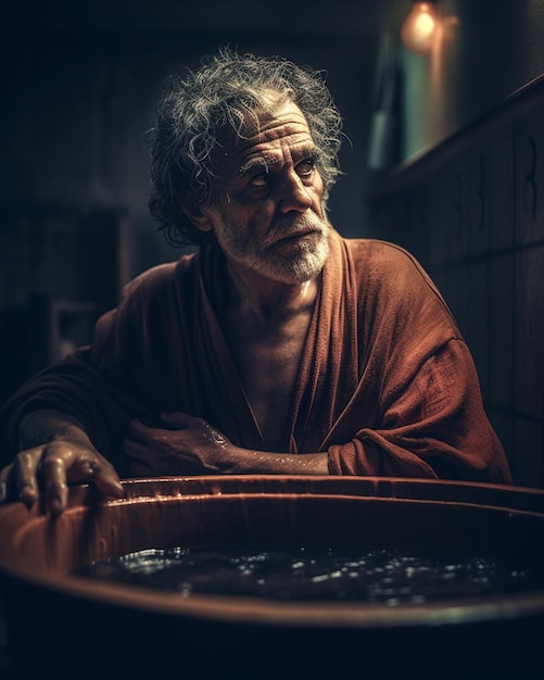 A man with a beard sits in a bathtub with the number 9 on it.