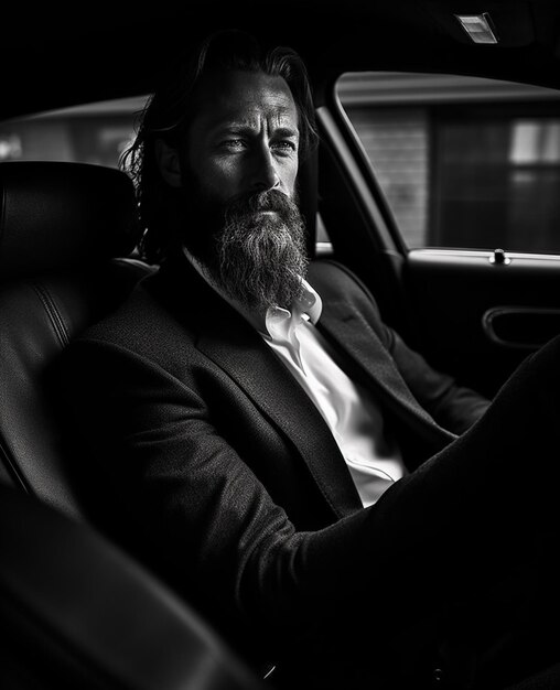 A man with a beard sits in a car.