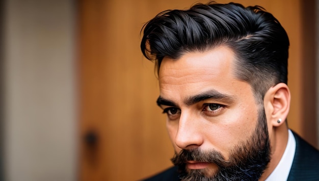 A man with a beard sits in front of a wooden door