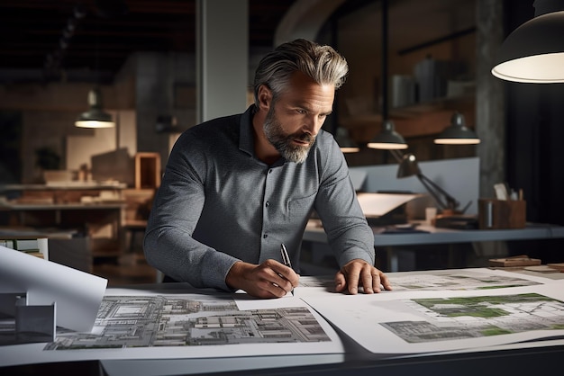 Photo a man with a beard sits at a table with a book titled  the building