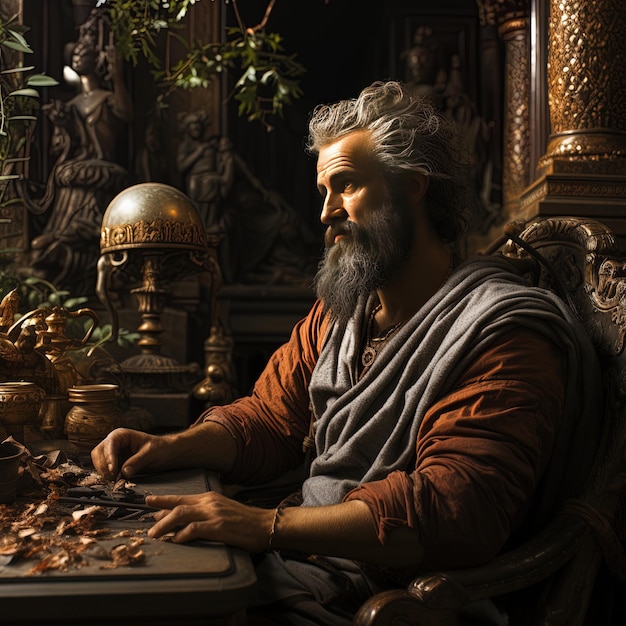 Photo a man with a beard sits at a table with coins on it.