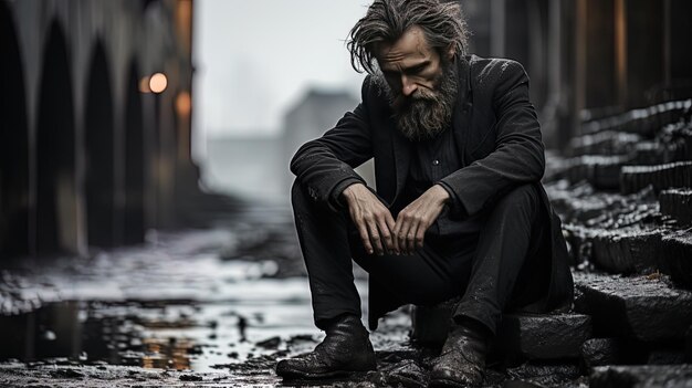 Foto un uomo con la barba si siede su una strada bagnata