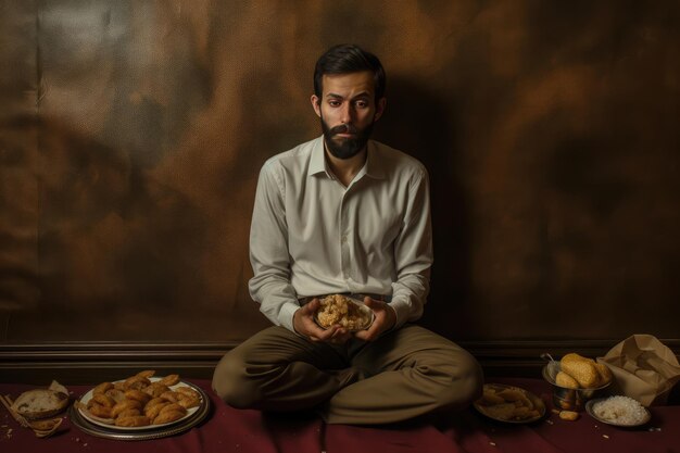 The Man With A Beard Sitting Crosslegged With Plates of Food