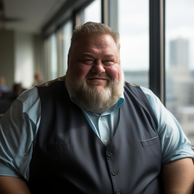 a man with a beard sitting in front of a window