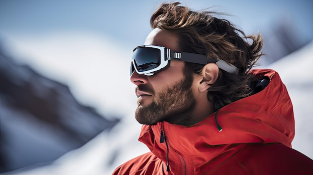 A man with beard in ski goggles and equipment looks to the side against the backdrop of a sunny winter mountain landscape