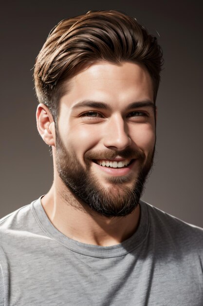 A man with a beard smiling and wearing a grey shirt and a gray t shirt with a white smile on his f