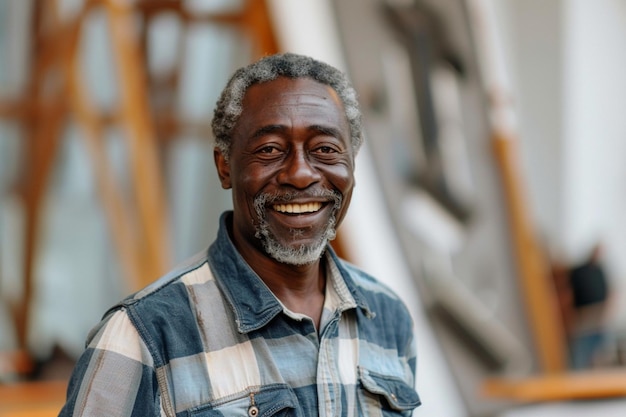 a man with a beard smiling and wearing a plaid shirt