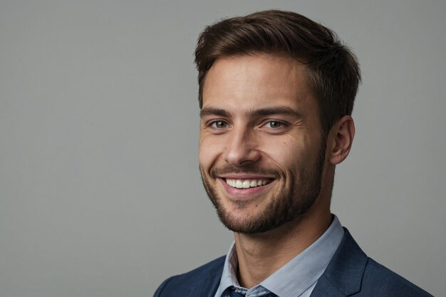 a man with a beard smiling and wearing a suit