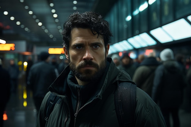 a man with a beard standing in an airport