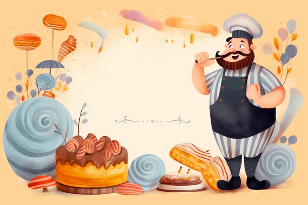 A man with a beard standing next to a cake