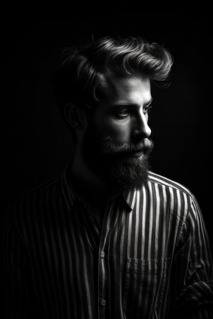 A man with a beard stands in a dark room.