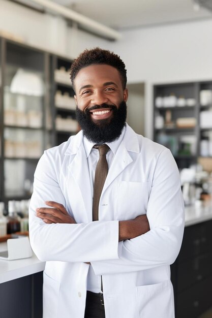 Photo a man with a beard stands in front of a bar with his arms crossed