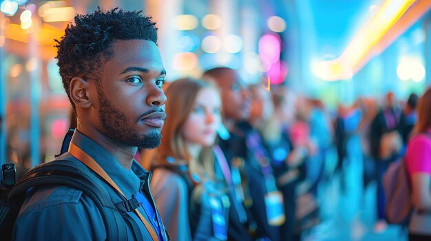 a man with a beard stands in front of a crowd of people