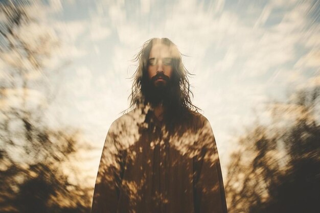 Photo a man with a beard stands in front of a sunlit sky