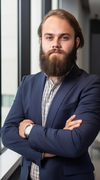 A man with a beard stands in front of a window