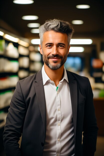 Foto uomo con barba e giacca di abito sorridente ai generativa