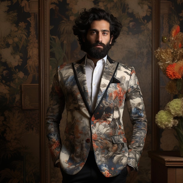 A man with a beard and a suit with flowers on the wall behind him