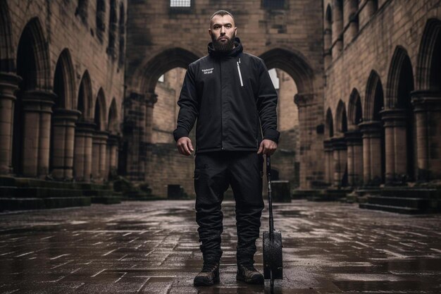 a man with a beard and a suitcase in front of a building.