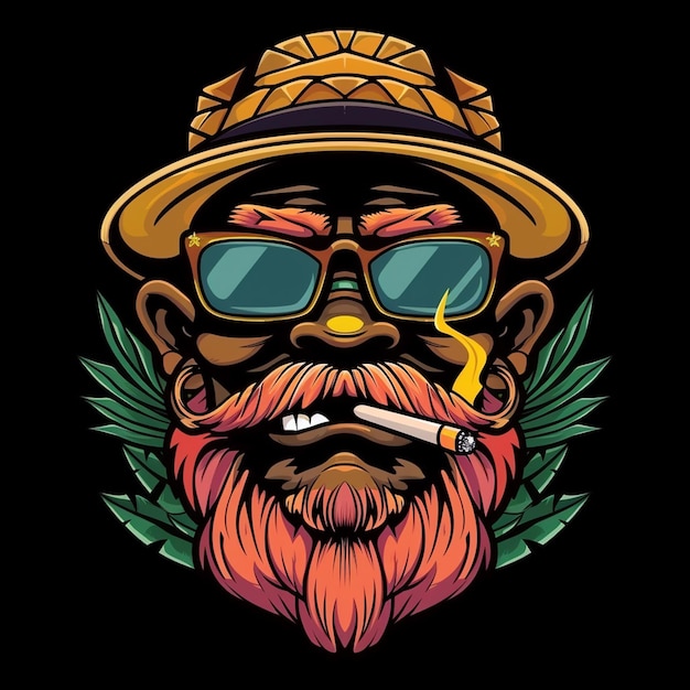 a man with a beard and sunglasses and a hat with a cigar in it