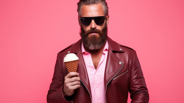Man with a beard and sunglasses holds an ice cream cone on a pink background