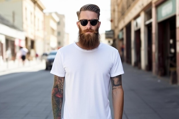 Photo a man with a beard and sunglasses is standing in the street