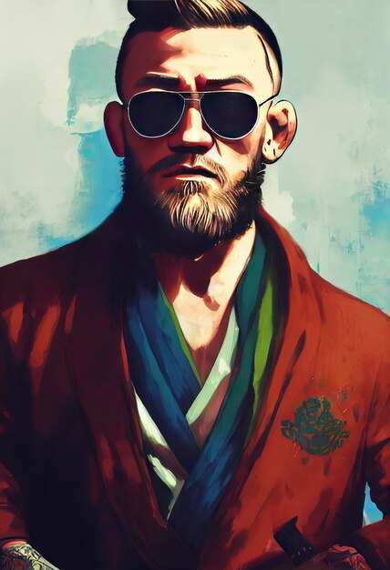 a man with a beard and sunglasses is wearing a red jacket