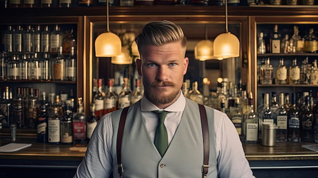 A man with a beard and suspenders standing in front of a bar