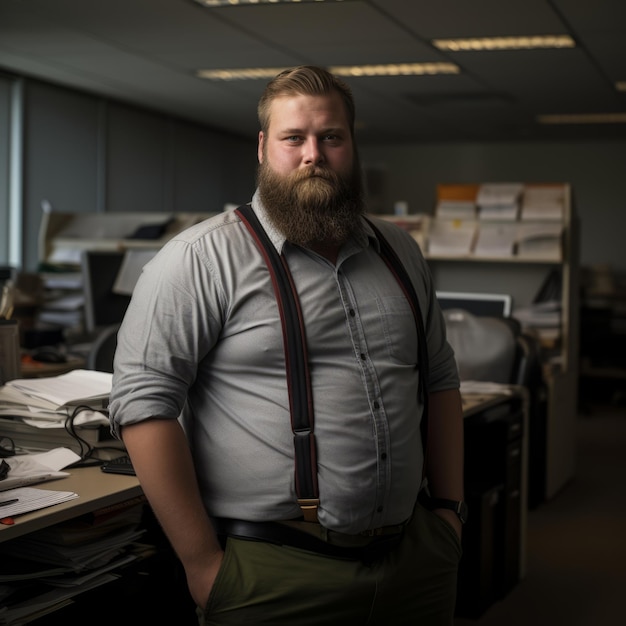 Foto un uomo con la barba e le bretelle in piedi in un ufficio