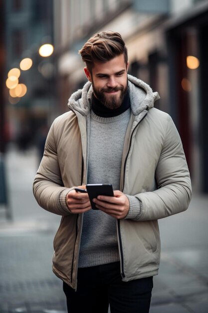 a man with a beard and a sweater on his head is looking at his phone