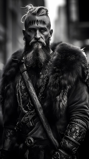 Photo a man with a beard and a sword on his chest.