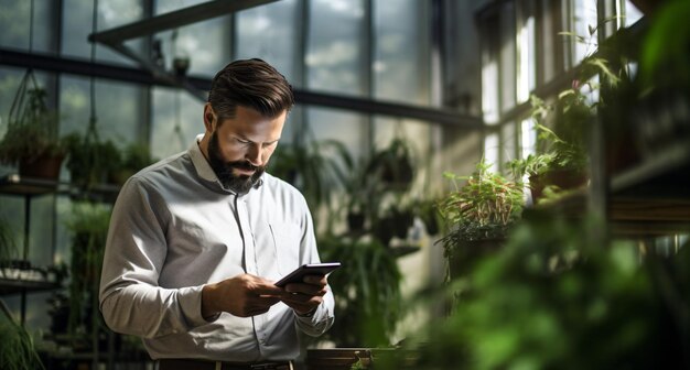 ひげとタブレットを持った男が緑の家にいます