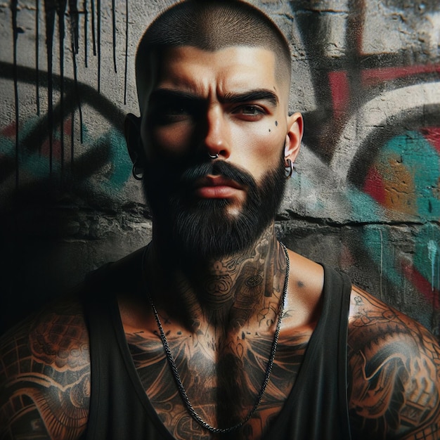 a man with a beard and tattoos on his face