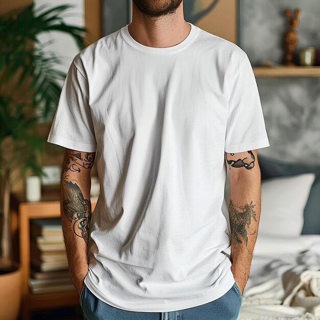 Photo a man with a beard and tattoos standing in a bedroom with a bed and a plant in the corner