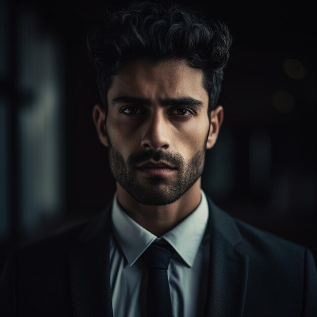 a man with a beard and a tie is standing in a dark room.