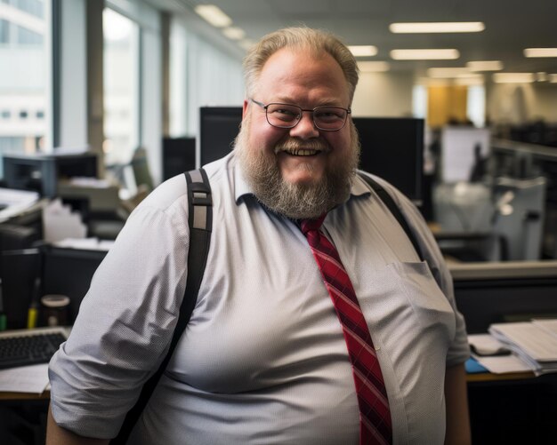 a man with a beard and tie standing in an office