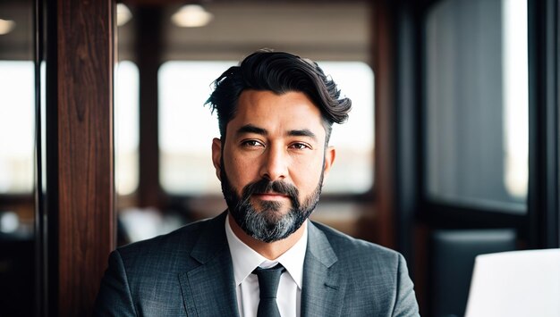 A man with a beard and a tie stands in a room with windows behind him.