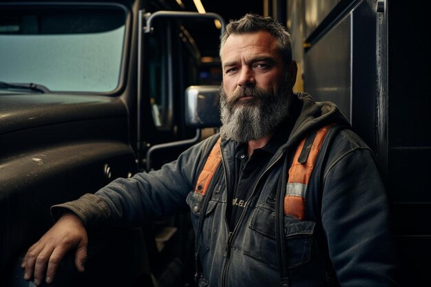 Photo a man with a beard and a vest stands in front of a truck