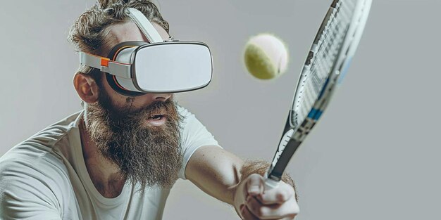 Man with beard in VR glasses grey background Hipster on concentrated face use modern technology for sport games Virtual tennis concept Guy with VR glasses play tennis with racket and ball