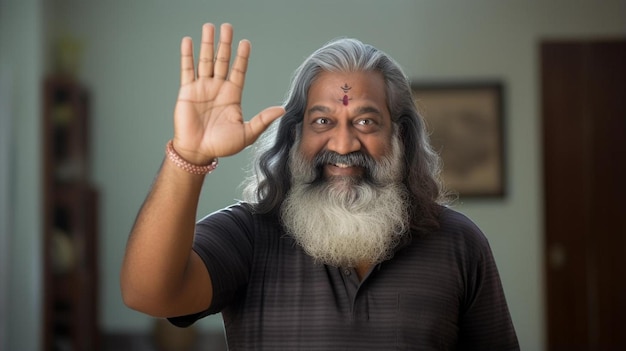 a man with a beard waving his hand