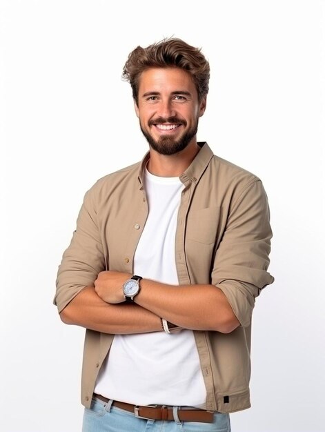 a man with a beard wearing a brown jacket with a white shirt on it