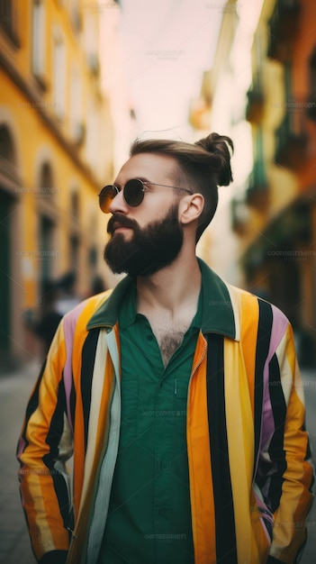 A man with a beard wearing a colorful striped jacket with a bun in the middle.